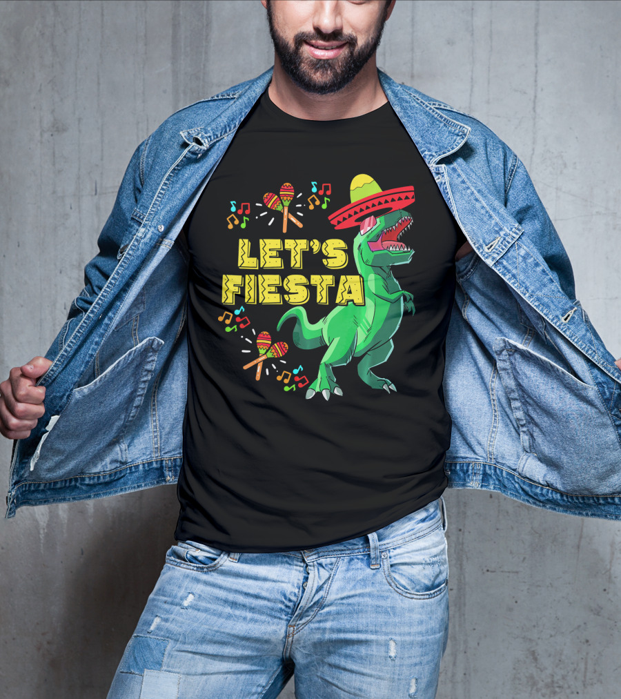 Let's Fiesta Cinco De Mayo Dino Sombrero Maracas Music Notes T-Shirt