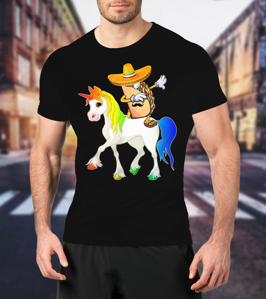 Dabbing Taco Sombrero With Mustache Riding Colorful Unicorn Fun T-Shirt