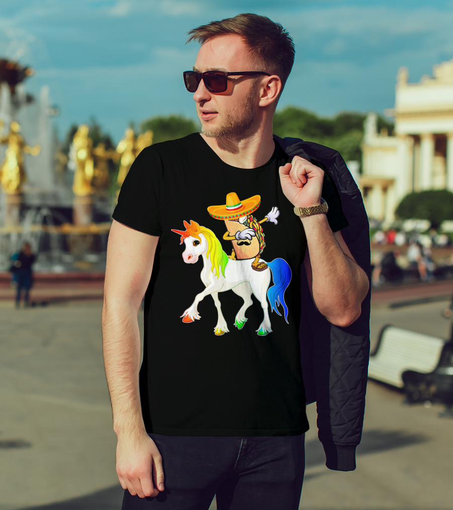 Dabbing Taco Sombrero With Mustache Riding Colorful Unicorn Fun T-Shirt