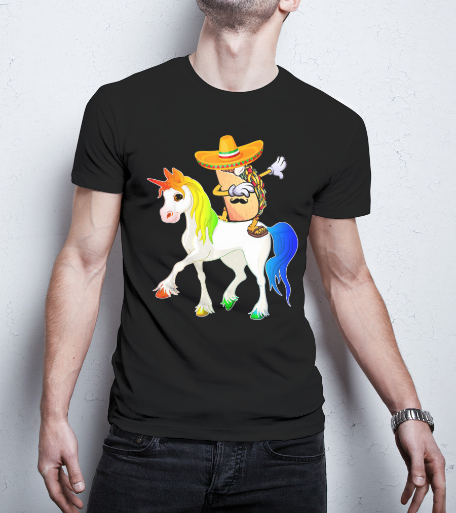 Dabbing Taco Sombrero With Mustache Riding Colorful Unicorn Fun T-Shirt