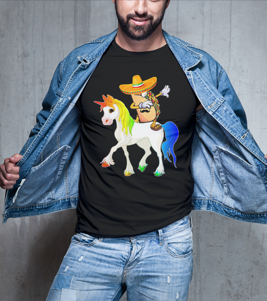 Dabbing Taco Sombrero With Mustache Riding Colorful Unicorn Fun T-Shirt