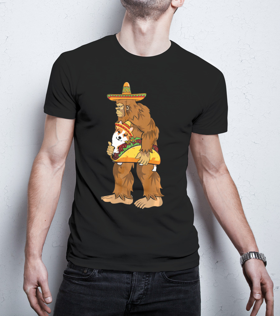 Bigfoot Sombrero Carry Corgi Taco Cinco De Mayo Humor T-Shirt
