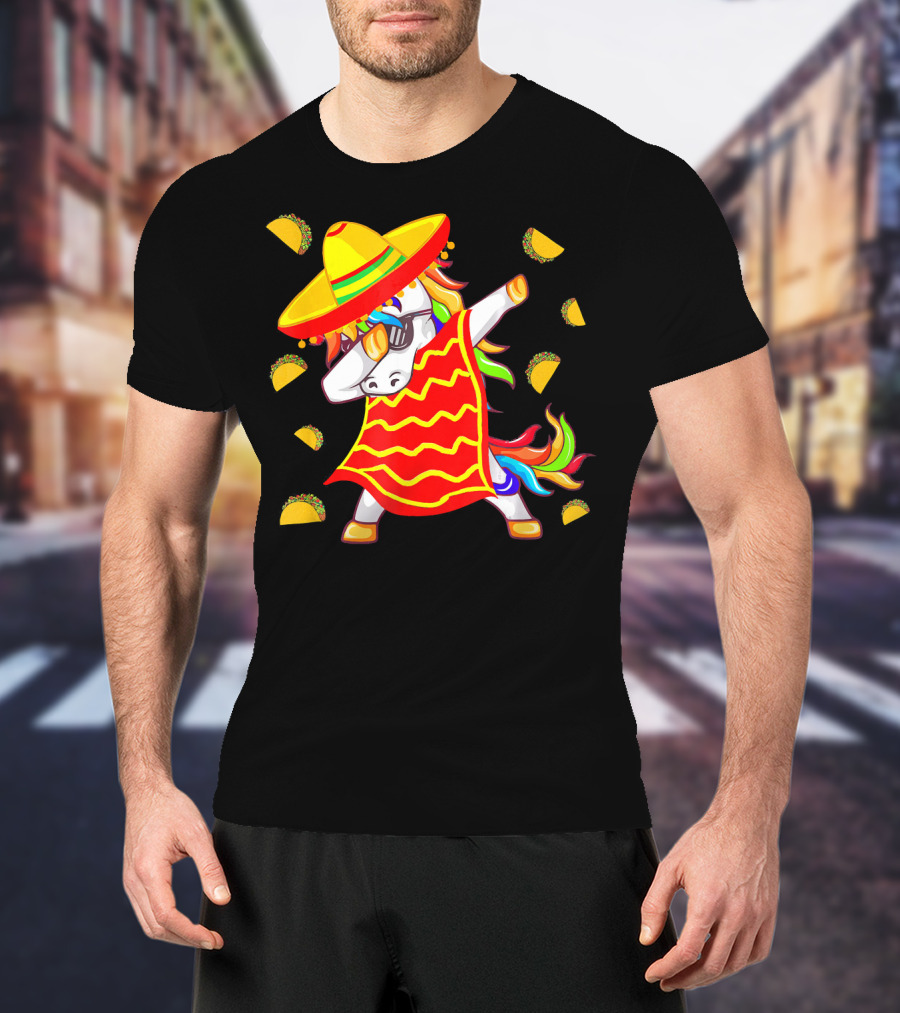 Unicorn Dabbing In Mexican Poncho With Sombrero Surrounded By Tacos T-Shirt