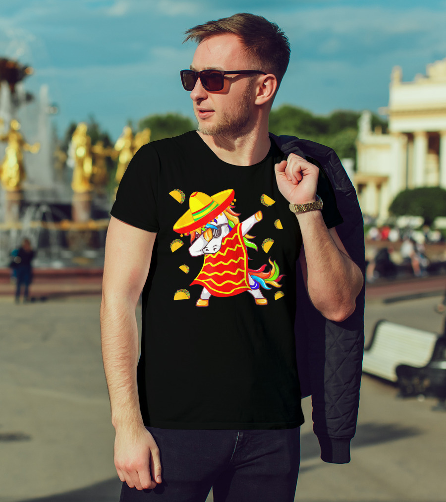 Unicorn Dabbing In Mexican Poncho With Sombrero Surrounded By Tacos T-Shirt