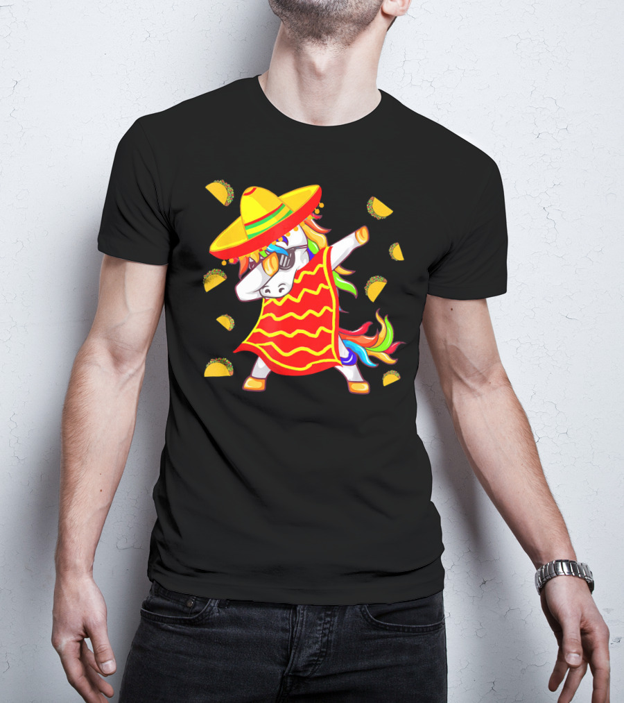 Unicorn Dabbing In Mexican Poncho With Sombrero Surrounded By Tacos T-Shirt