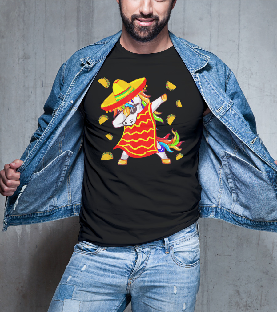 Unicorn Dabbing In Mexican Poncho With Sombrero Surrounded By Tacos T-Shirt