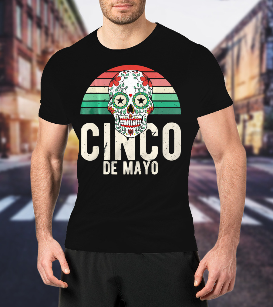 Cinco De Mayo Sugar Skull Retro Stripes T-Shirt