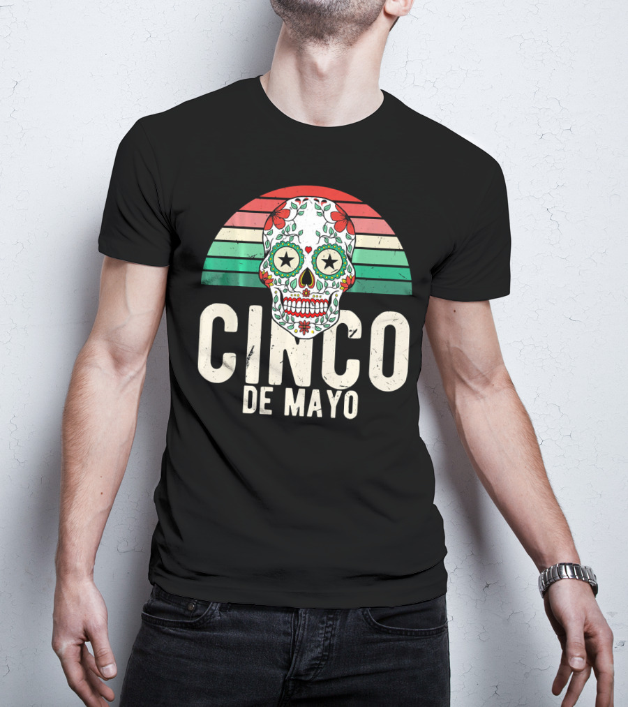 Cinco De Mayo Sugar Skull Retro Stripes T-Shirt