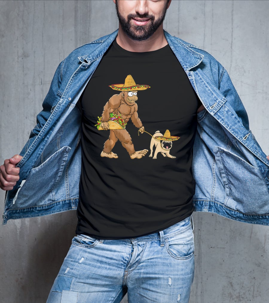 Bigfoot Sombrero Taco Pug Dog Cinco De Mayo T-Shirt