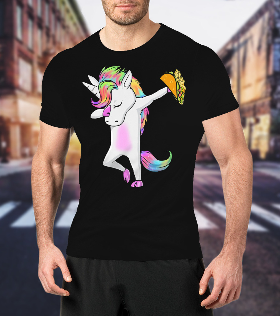 Unicorn Dabbing With Rainbow Mane Holding Tacos T-Shirt