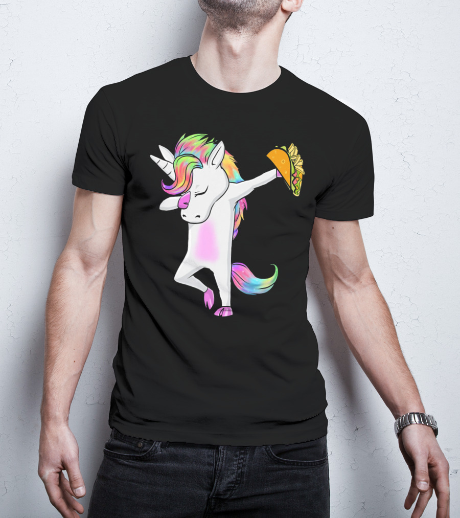 Unicorn Dabbing With Rainbow Mane Holding Tacos T-Shirt