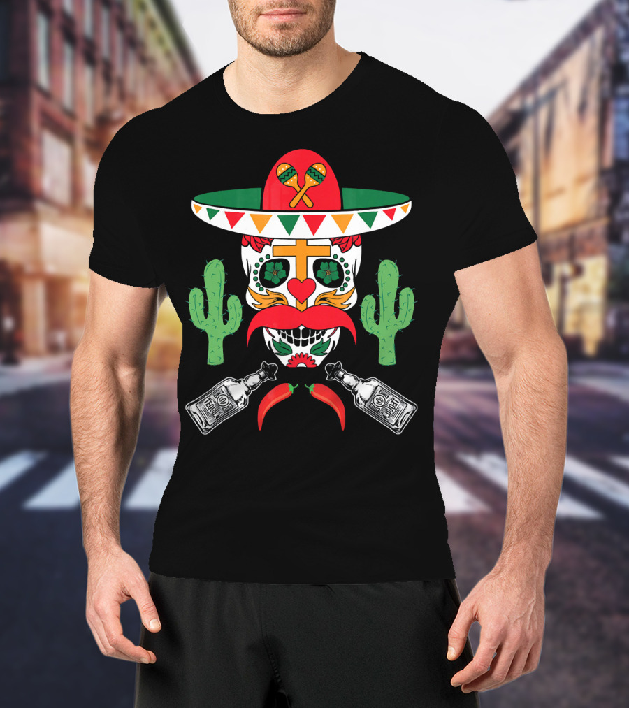 Cinco De Mayo Sugar Skull Sombrero Cactus With Tequila And Peppers T-Shirt