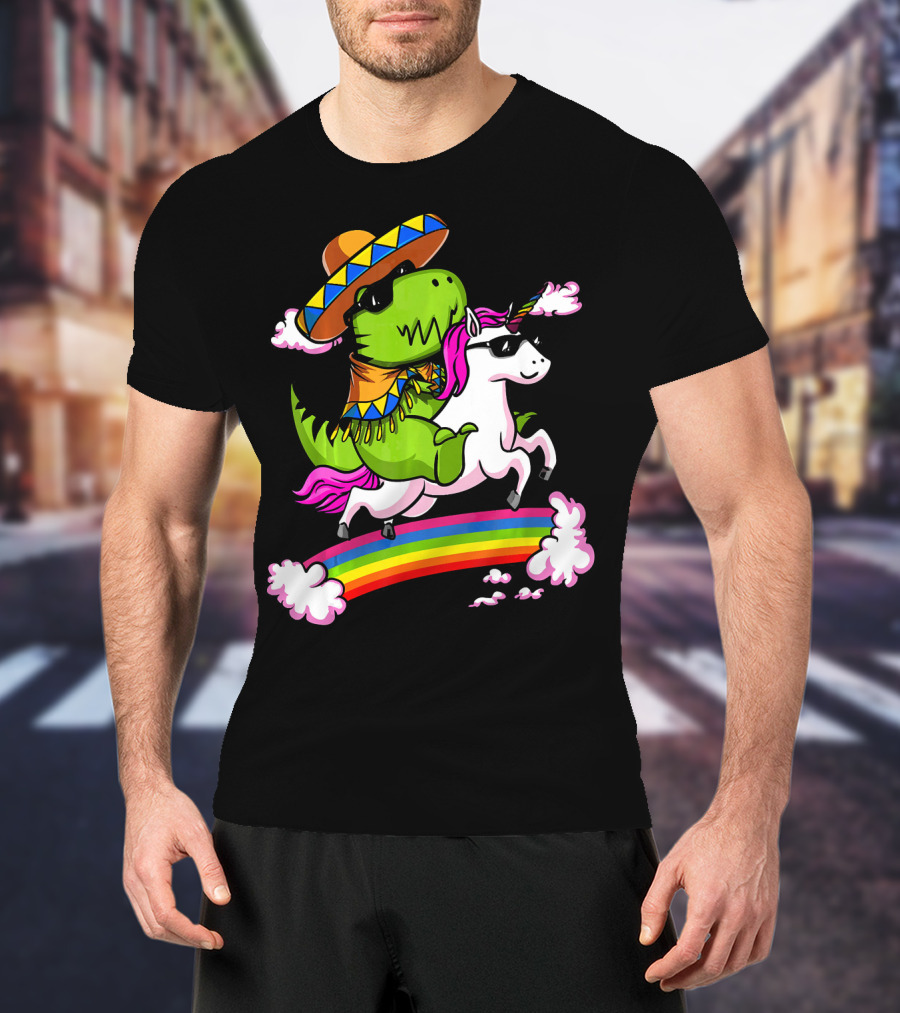 T Rex Dinosaur Riding Unicorn Cinco De Mayo Rainbow Sombrero Sunglasses T-Shirt