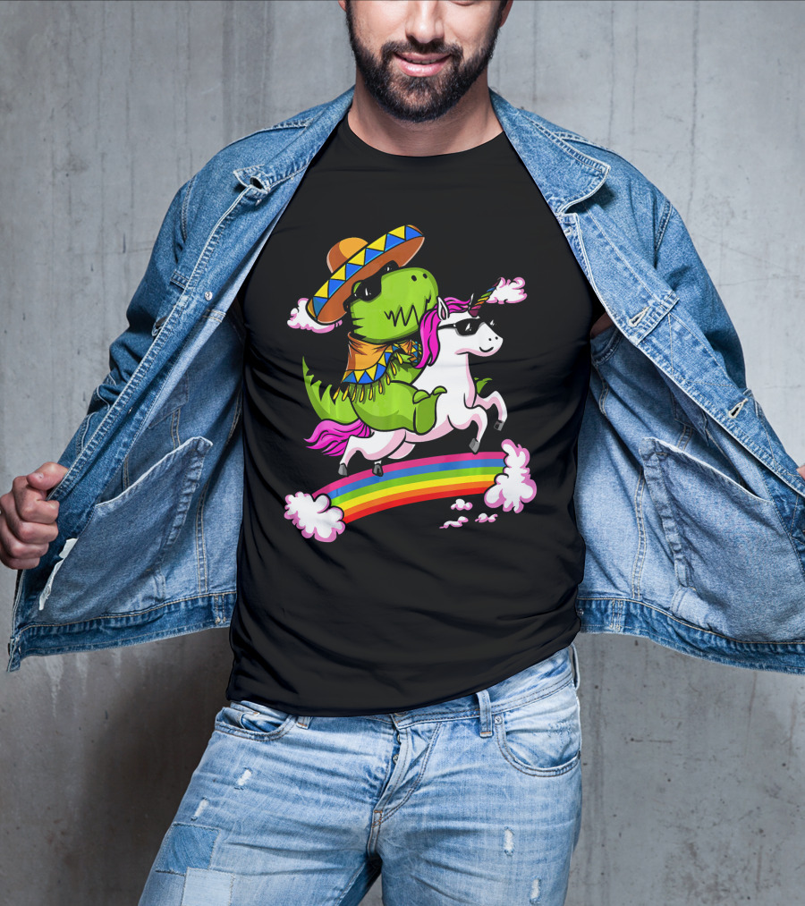 T Rex Dinosaur Riding Unicorn Cinco De Mayo Rainbow Sombrero Sunglasses T-Shirt