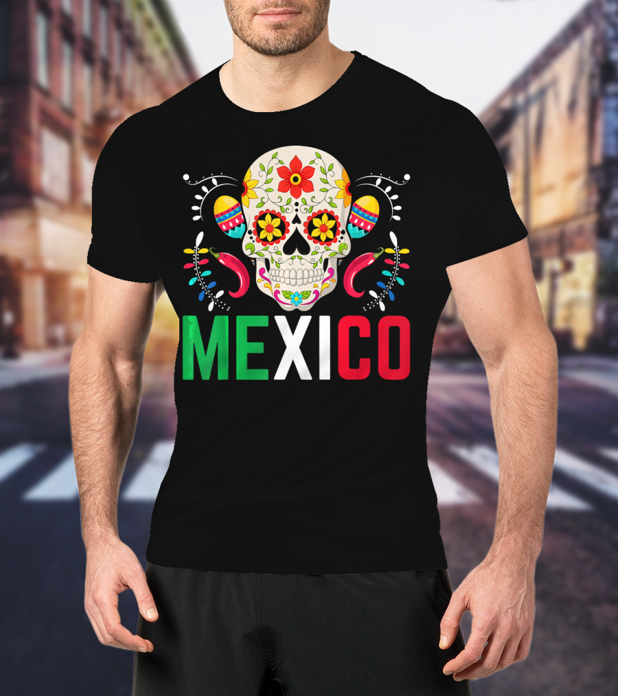 Colorful Cinco De Mayo Mexico Sugar Skull Design With Decorative Elements T-Shirt