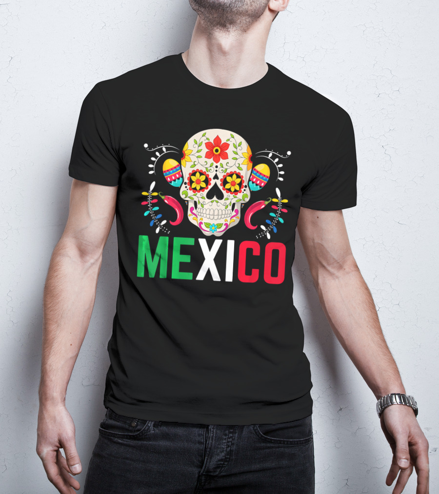 Colorful Cinco De Mayo Mexico Sugar Skull Design With Decorative Elements T-Shirt