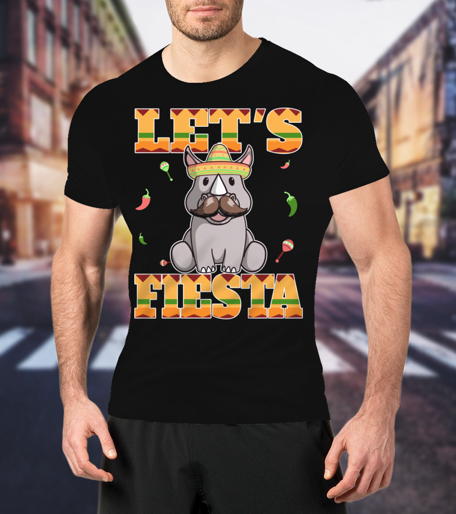 Let's Fiesta Rhinoceros Cinco De Mayo Mex Sombrero Peppers Maracas T-Shirt