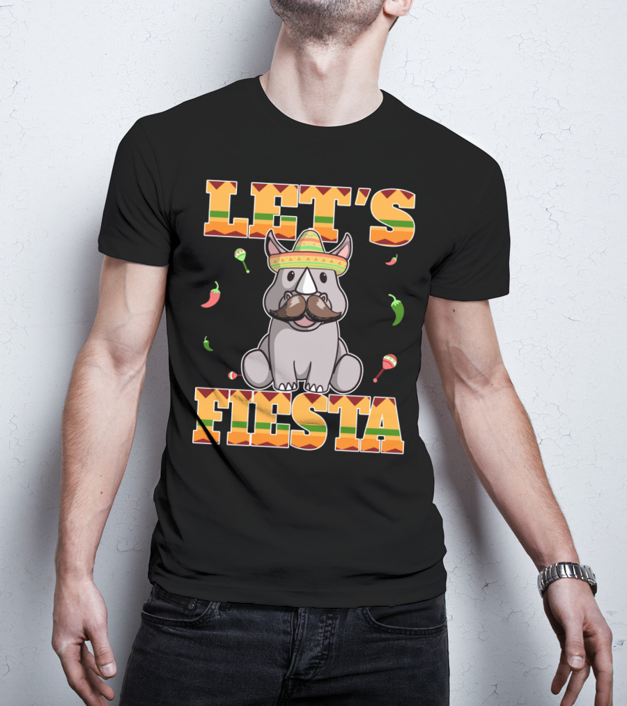 Let's Fiesta Rhinoceros Cinco De Mayo Mex Sombrero Peppers Maracas T-Shirt
