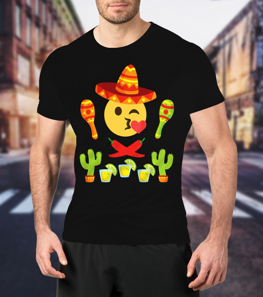 Kiss Emoji Cinco De Mayo Sombrero Maracas Cactus Peppers Margaritas T-Shirt