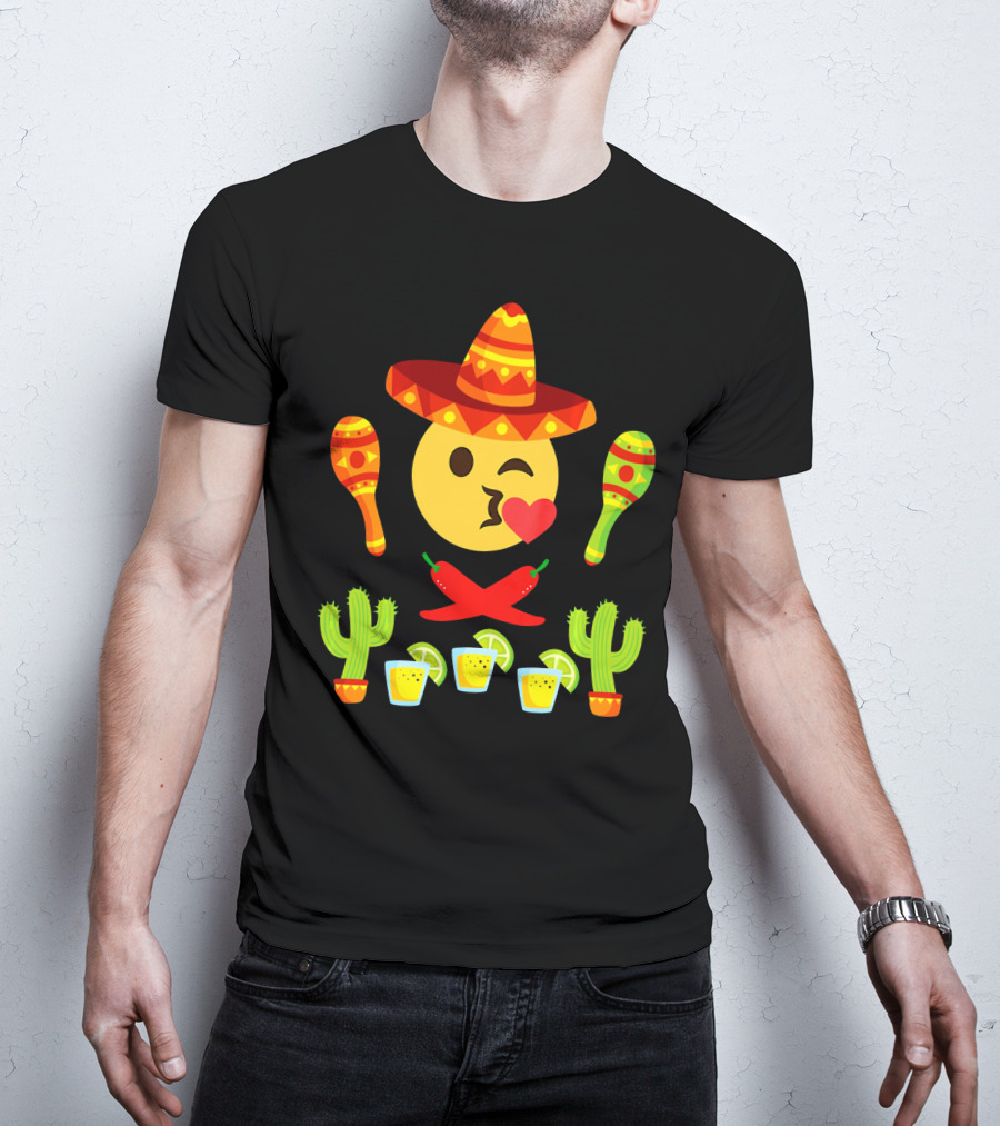 Kiss Emoji Cinco De Mayo Sombrero Maracas Cactus Peppers Margaritas T-Shirt