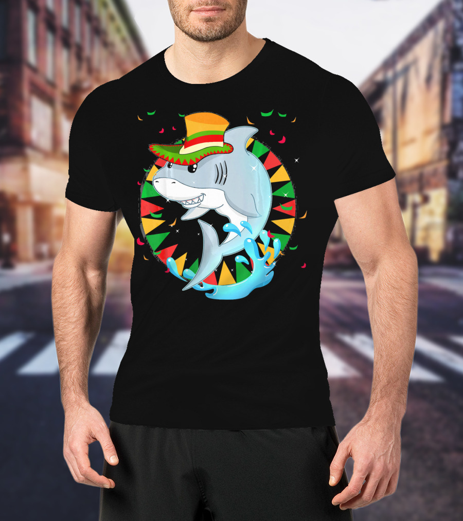 Cute Shark Cinco De Mayo 5th Of May Celebration Hat Sombrero Colorful Fiesta T-Shirt