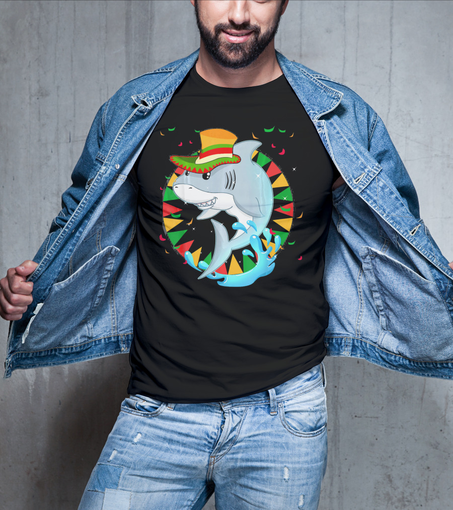 Cute Shark Cinco De Mayo 5th Of May Celebration Hat Sombrero Colorful Fiesta T-Shirt