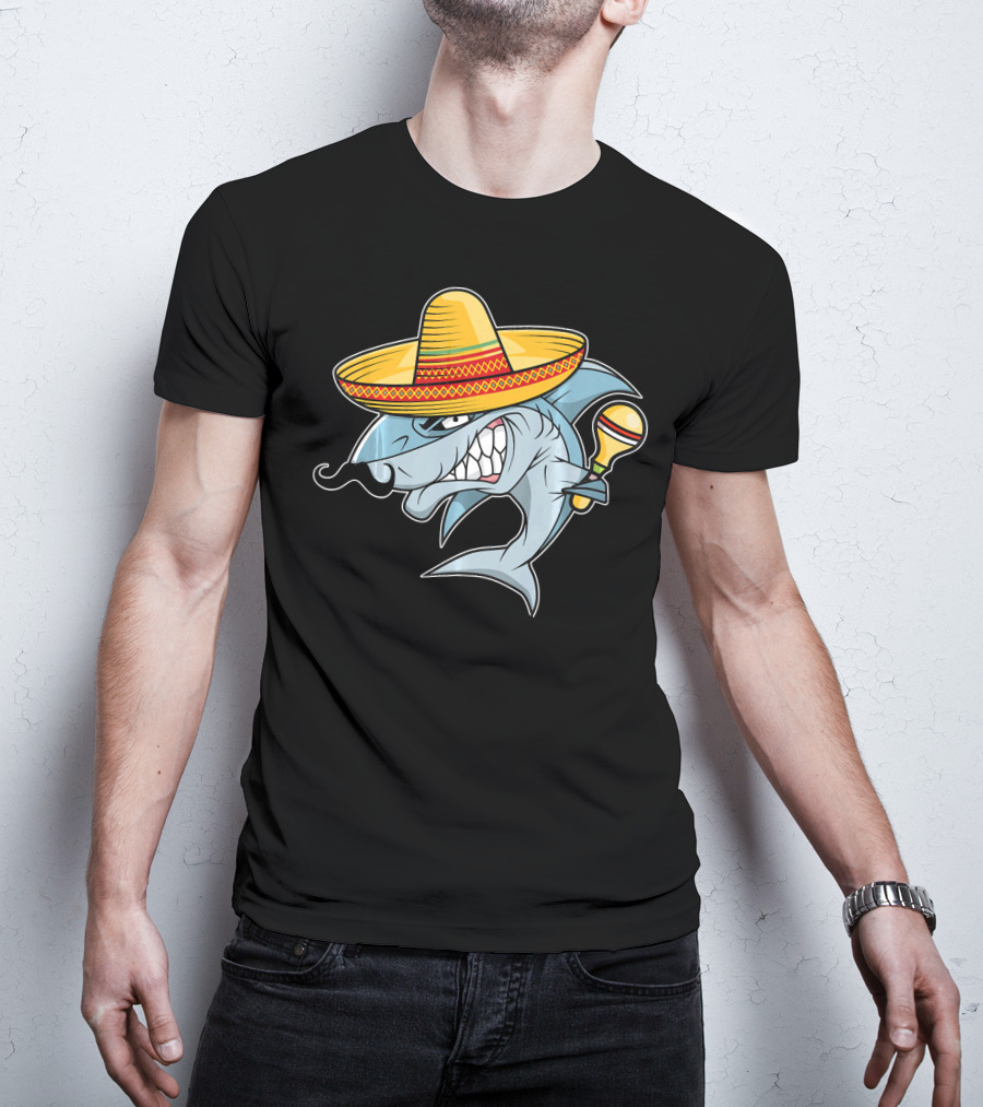 Cinco De Mayo Shark Wearing Sombrero With Maraca Mexican Fiesta T-Shirt