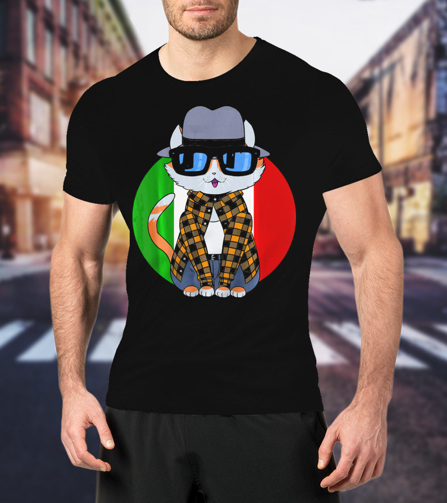 Cinco De Mayo Mexican Kitty Cat With Sunglasses And Plaid Shirt In Front Of Tricolor Circle T-Shirt