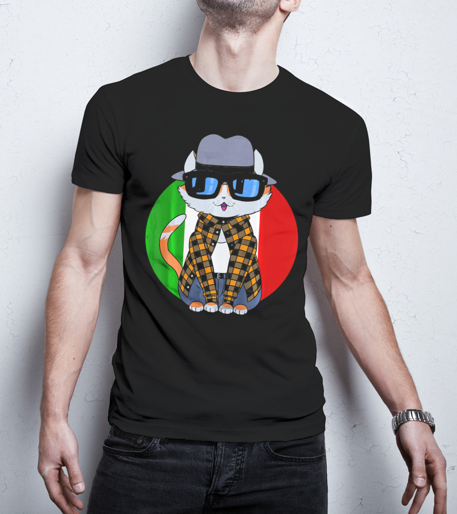 Cinco De Mayo Mexican Kitty Cat With Sunglasses And Plaid Shirt In Front Of Tricolor Circle T-Shirt