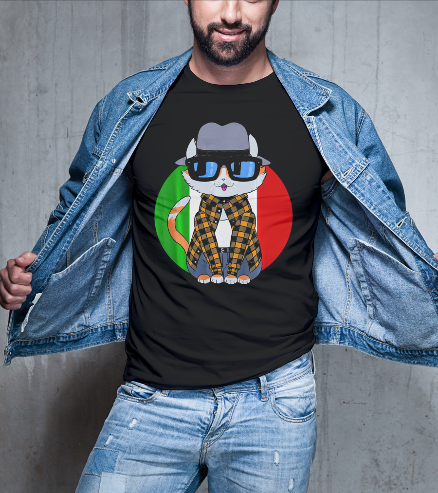 Cinco De Mayo Mexican Kitty Cat With Sunglasses And Plaid Shirt In Front Of Tricolor Circle T-Shirt