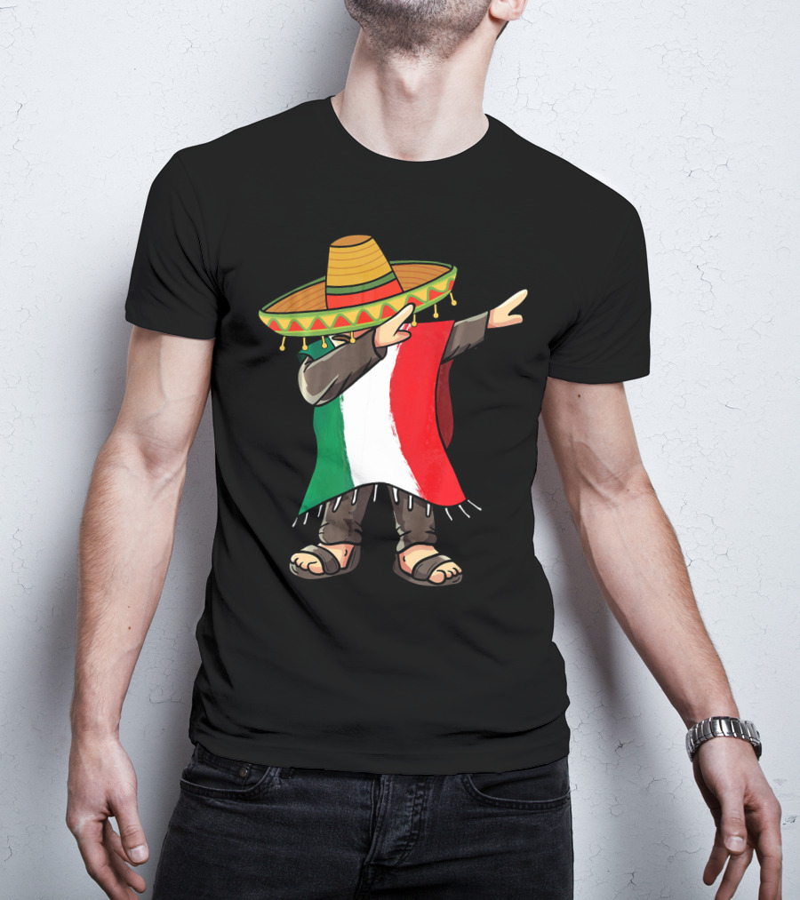 Mexican Flag Poncho Man Dabbing Cinco De Mayo Sombrero T-Shirt