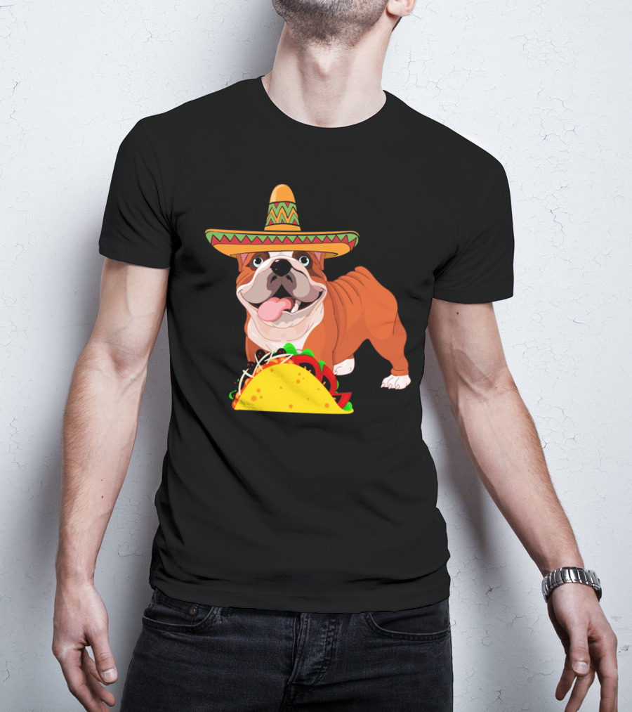 Funny Cinco De Mayo Bulldog Wear Sombrero Taco Fiesta T-Shirt