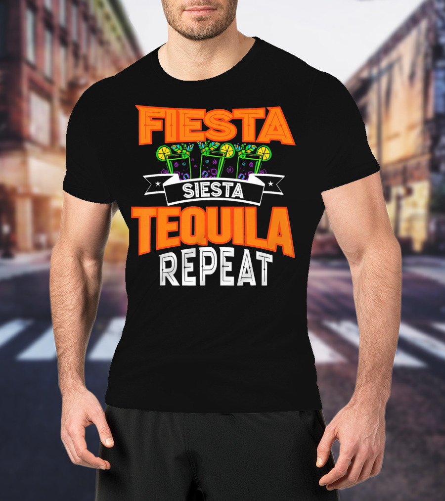 Fiesta Siesta Tequila Repeat Drinker Cin Colorful Margarita Glasses Lime Party T-Shirt