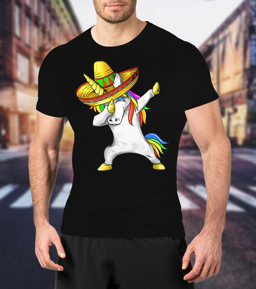 Dabbing Cinco De Mayo Unicorn With Sombrero And Rainbow Mane T-Shirt