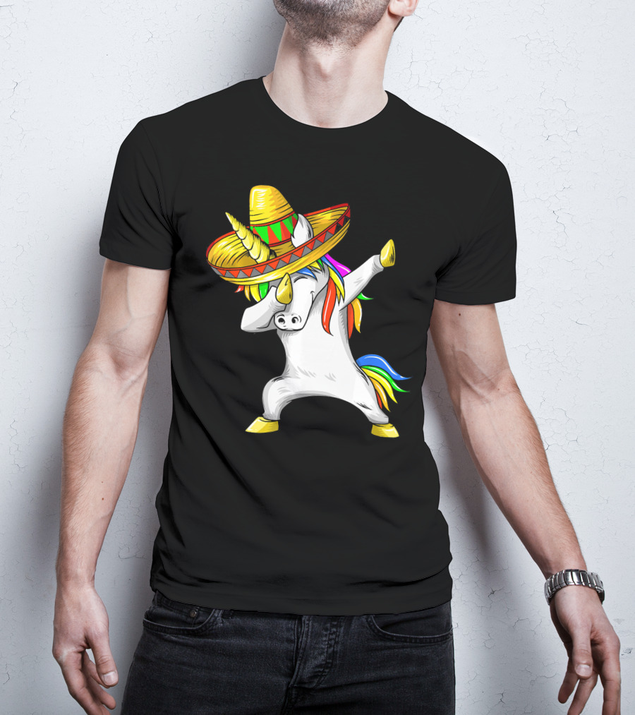Dabbing Cinco De Mayo Unicorn With Sombrero And Rainbow Mane T-Shirt
