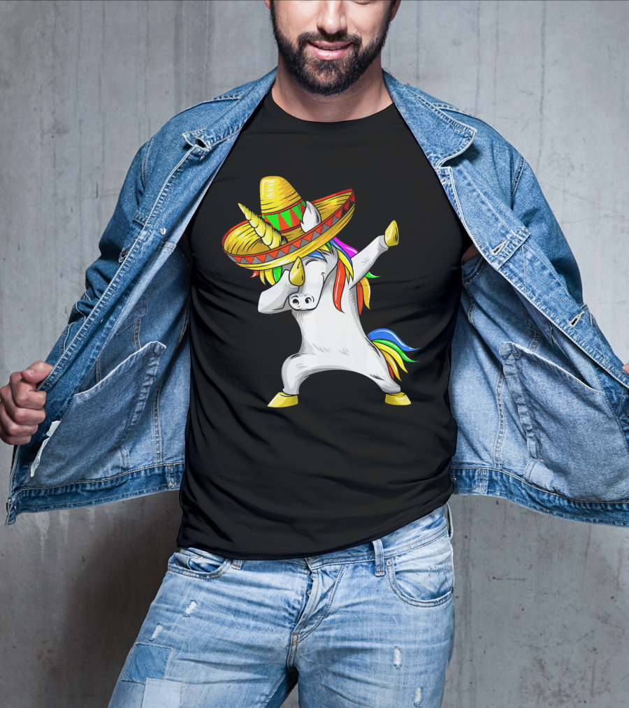 Dabbing Cinco De Mayo Unicorn With Sombrero And Rainbow Mane T-Shirt