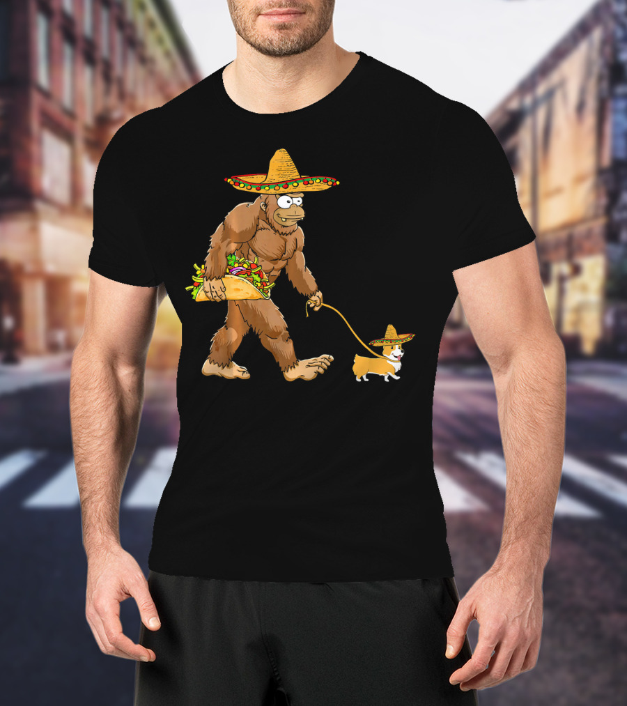 Bigfoot Sombrero Taco Corgi Dog Cinco De Mayo T-Shirt