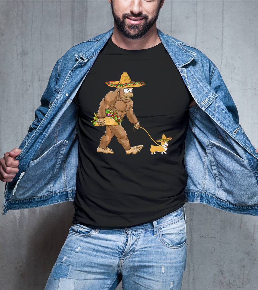 Bigfoot Sombrero Taco Corgi Dog Cinco De Mayo T-Shirt