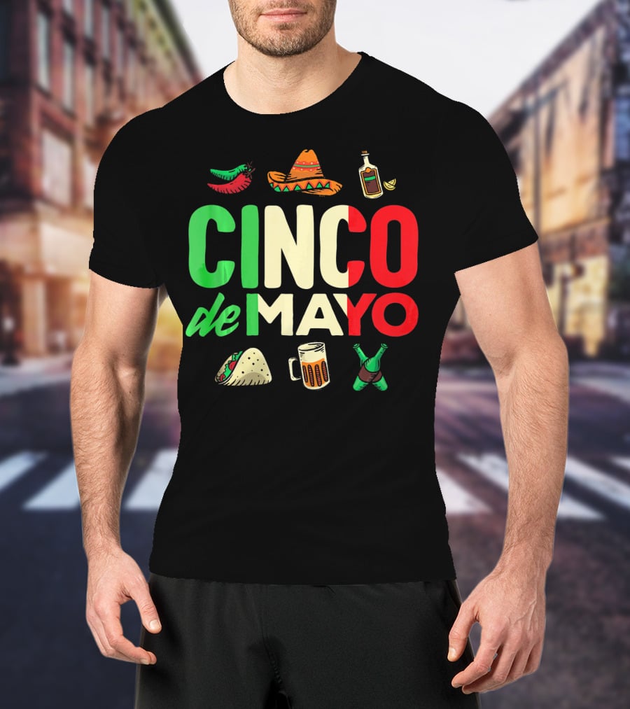 Cinco De Mayo Fiesta Sombrero Taco Beer Bottle Peppers T-Shirt