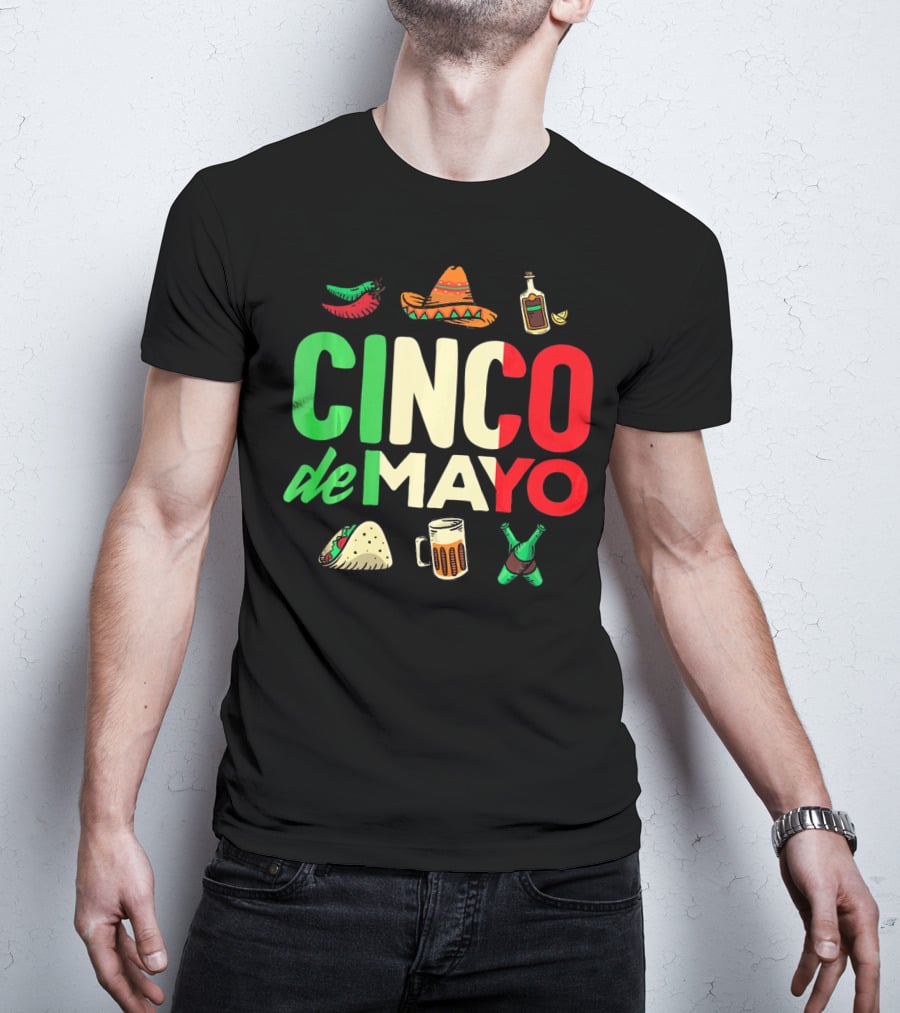 Cinco De Mayo Fiesta Sombrero Taco Beer Bottle Peppers T-Shirt