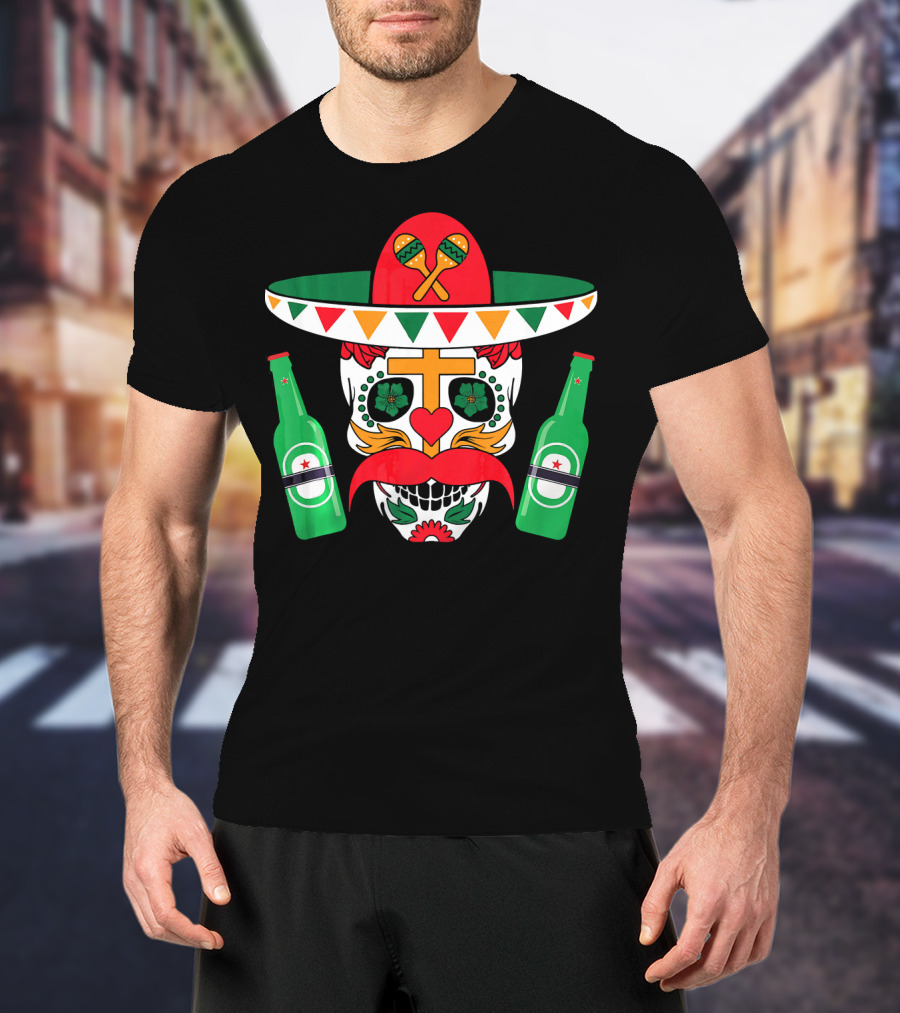 Cinco De Mayo Sugar Skull With Sombrero Maracas And Beer Bottles Mexi T-Shirt