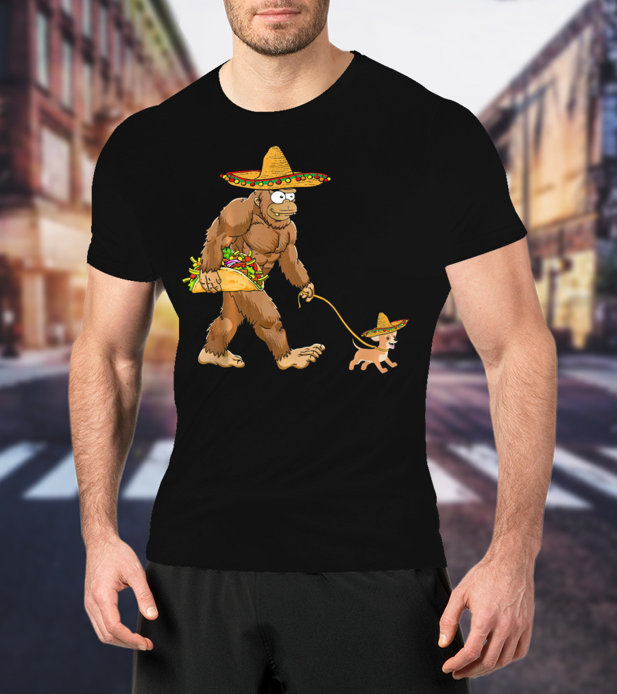 Bigfoot Taco Sombrero Chihuahua Dog Walking Cinco De Mayo T-Shirt