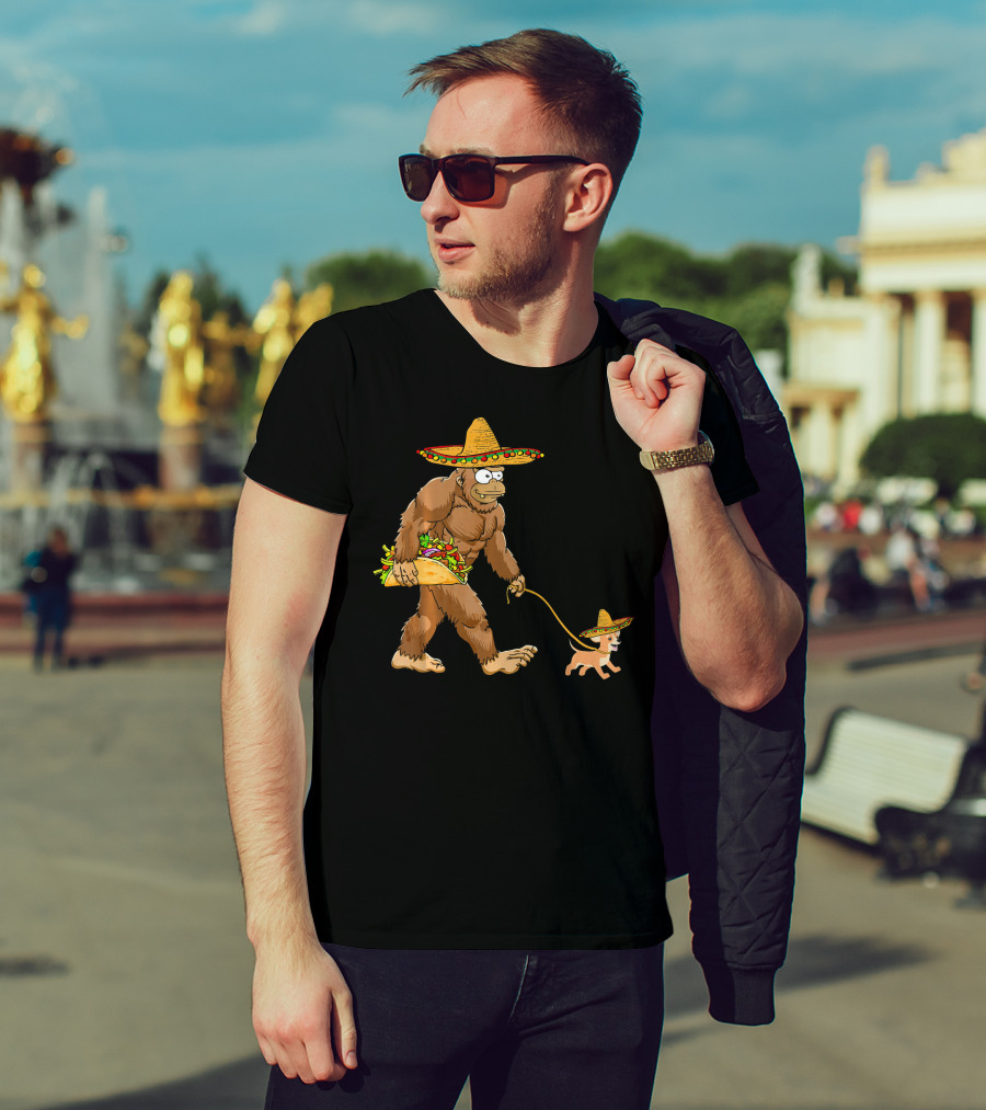 Bigfoot Taco Sombrero Chihuahua Dog Walking Cinco De Mayo T-Shirt