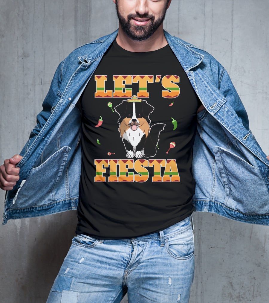 Let's Fiesta Australian Shepherd Dog Sombrero Maracas Peppers T-Shirt