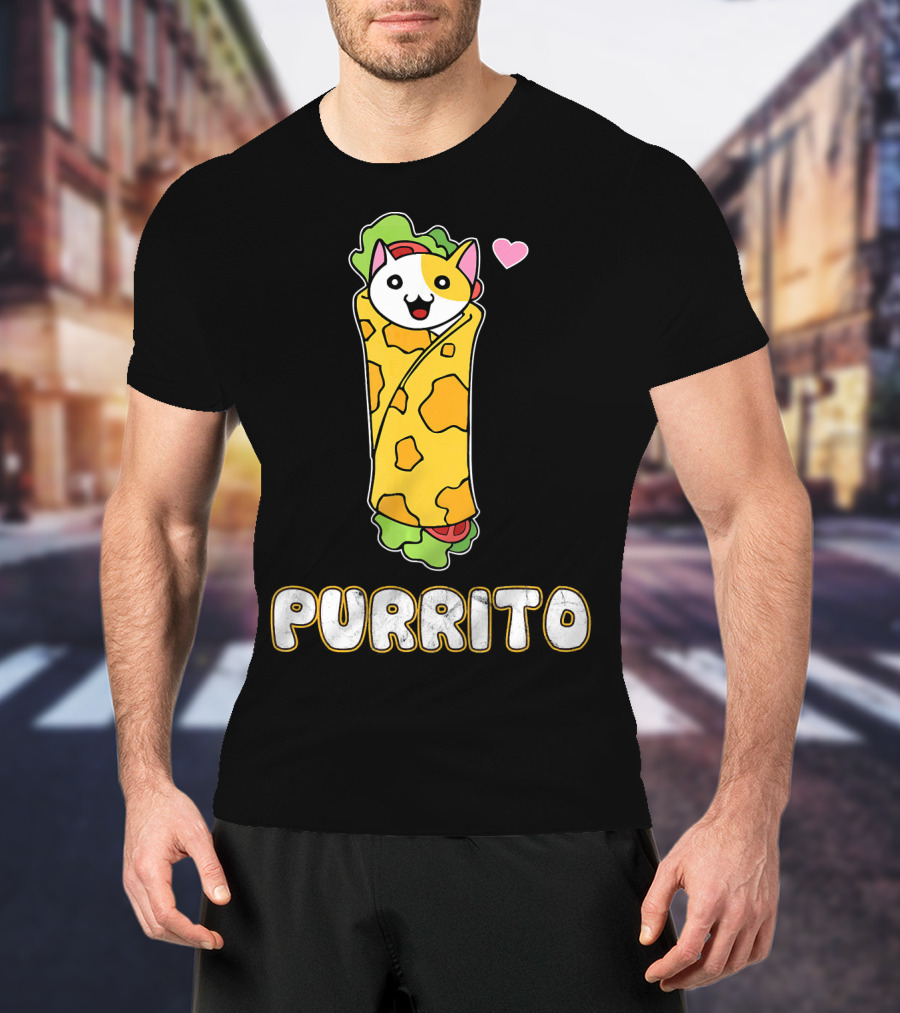Purrito Kitten Wrapped In Burrito With Heart And Taco Cat Expression T-Shirt