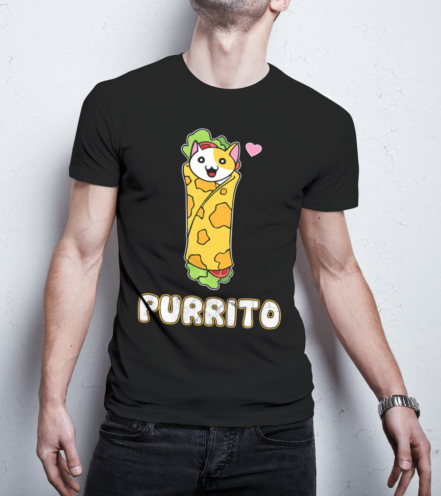 Purrito Kitten Wrapped In Burrito With Heart And Taco Cat Expression T-Shirt