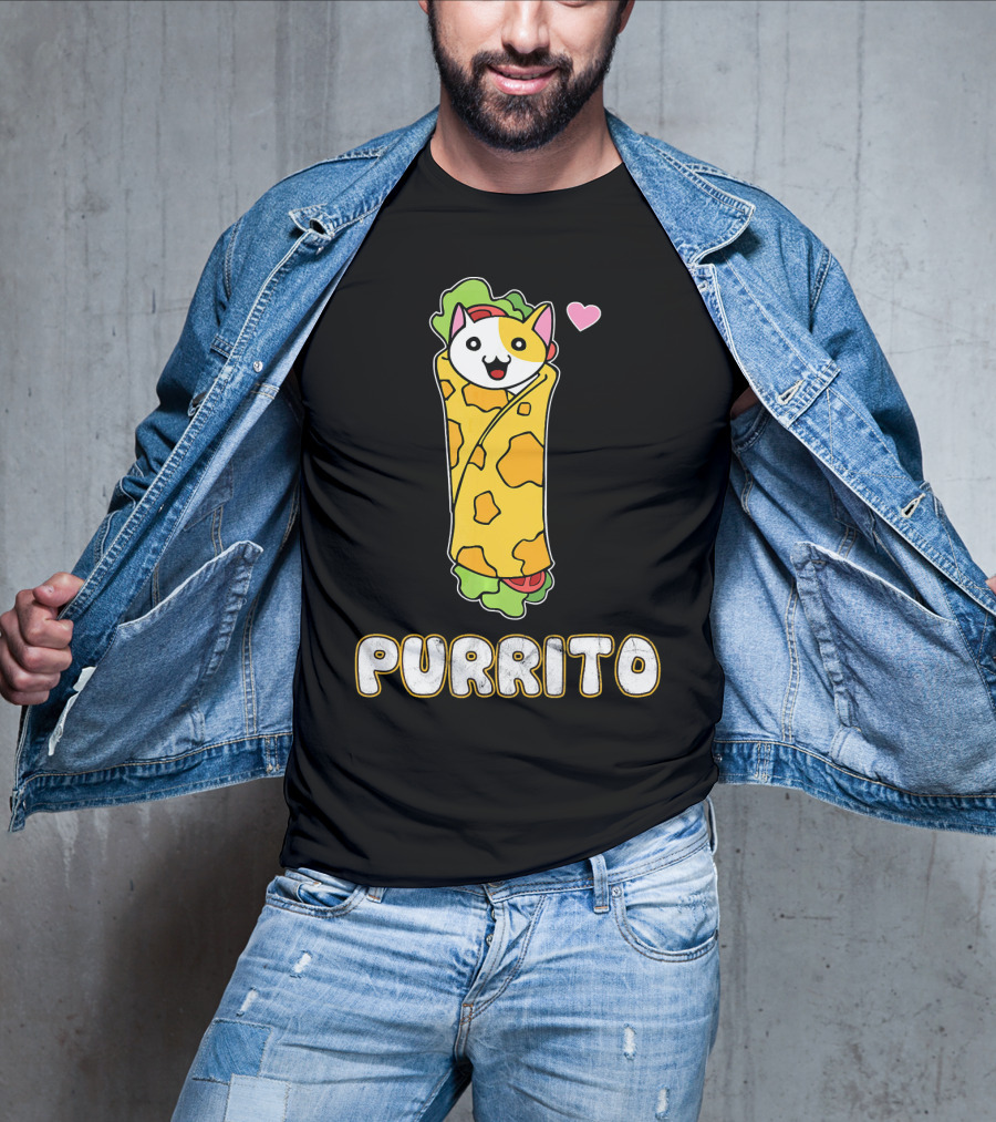 Purrito Kitten Wrapped In Burrito With Heart And Taco Cat Expression T-Shirt