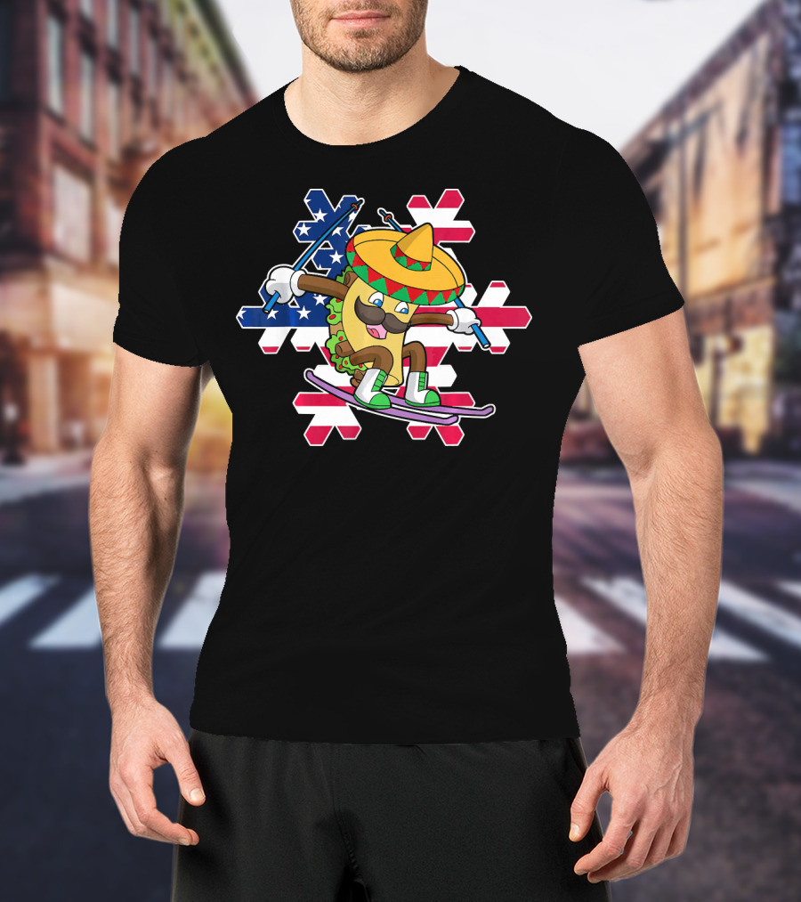 Taco Skiing Sombrero Cinco De Mayo Mexican American Flag Snowflakes T-Shirt