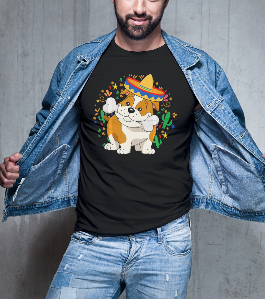Bulldog Puppy In Sombrero With Bone And Cactus Cinco De Mayo T-Shirt