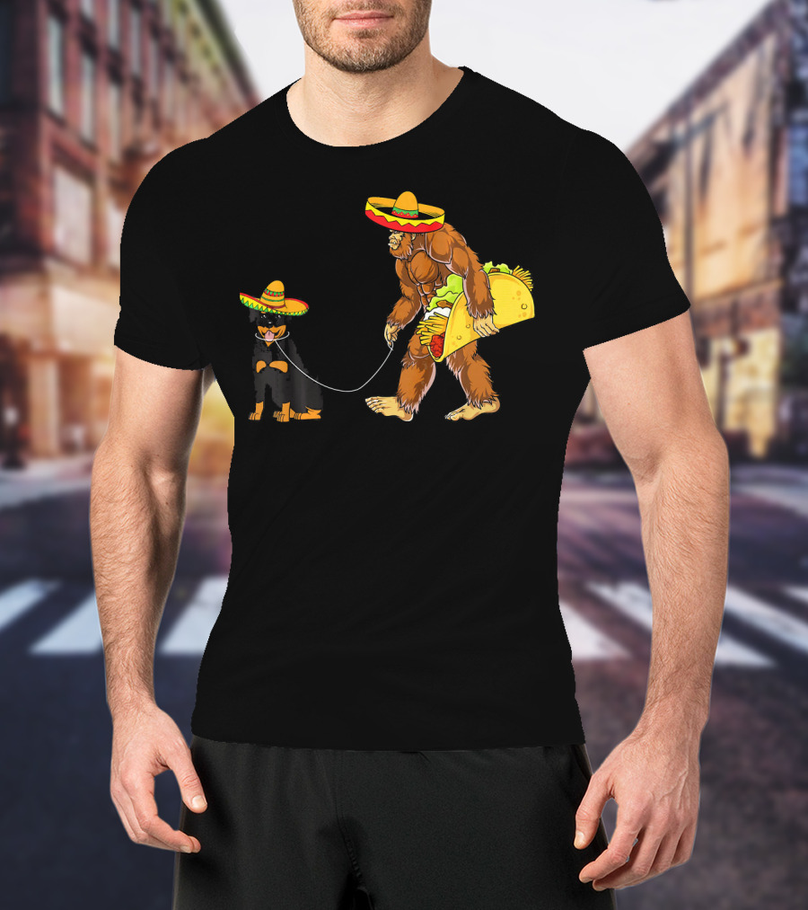 Cinco De Mayo Bigfoot Walking Rottweiler Taco Sombrero T-Shirt